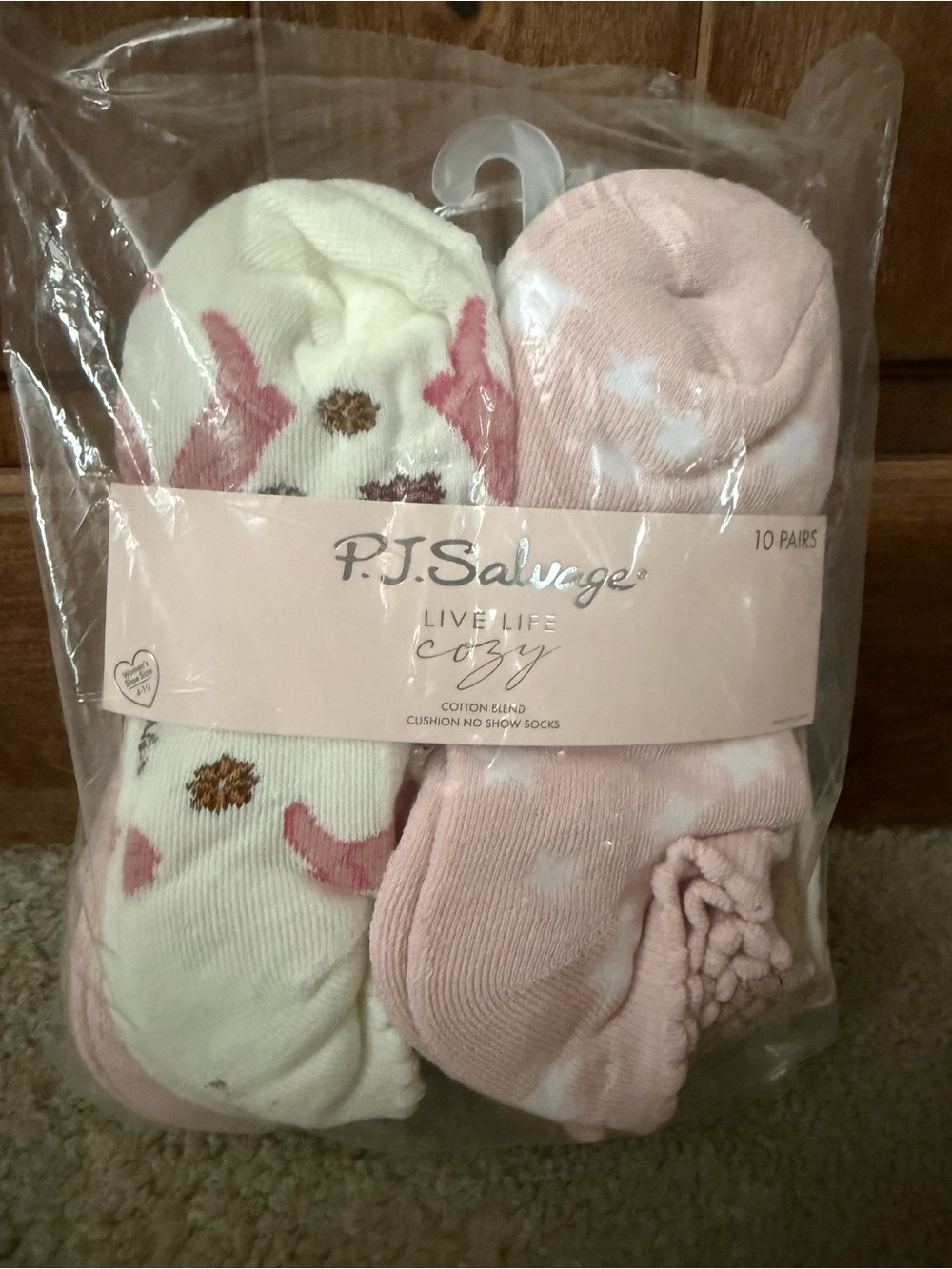 P.J. Salvage Live Life Cozy. Pink & Cream No-Show Socks - Cowgirl/Heart motifs.
